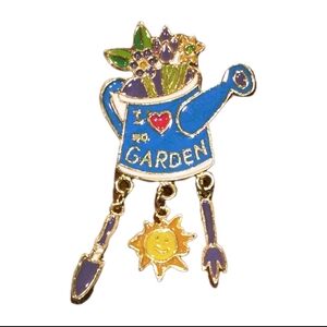 Vintage I Love To Garden Watering Can Brooch Pin Dangles Sun Trowel Enamel ©DM